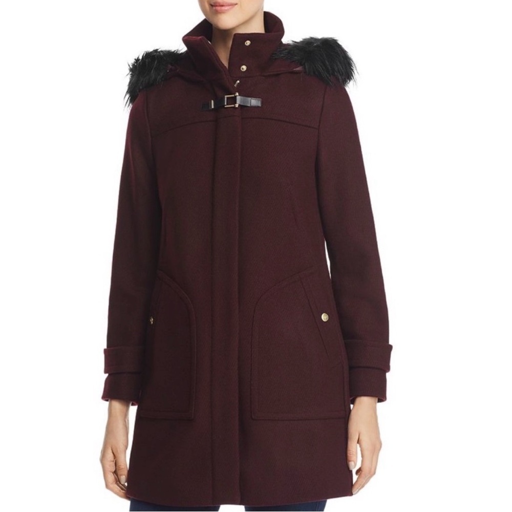 Cole Haan Wool Blend Coat with Faux Fur Hood Toggle Size 6